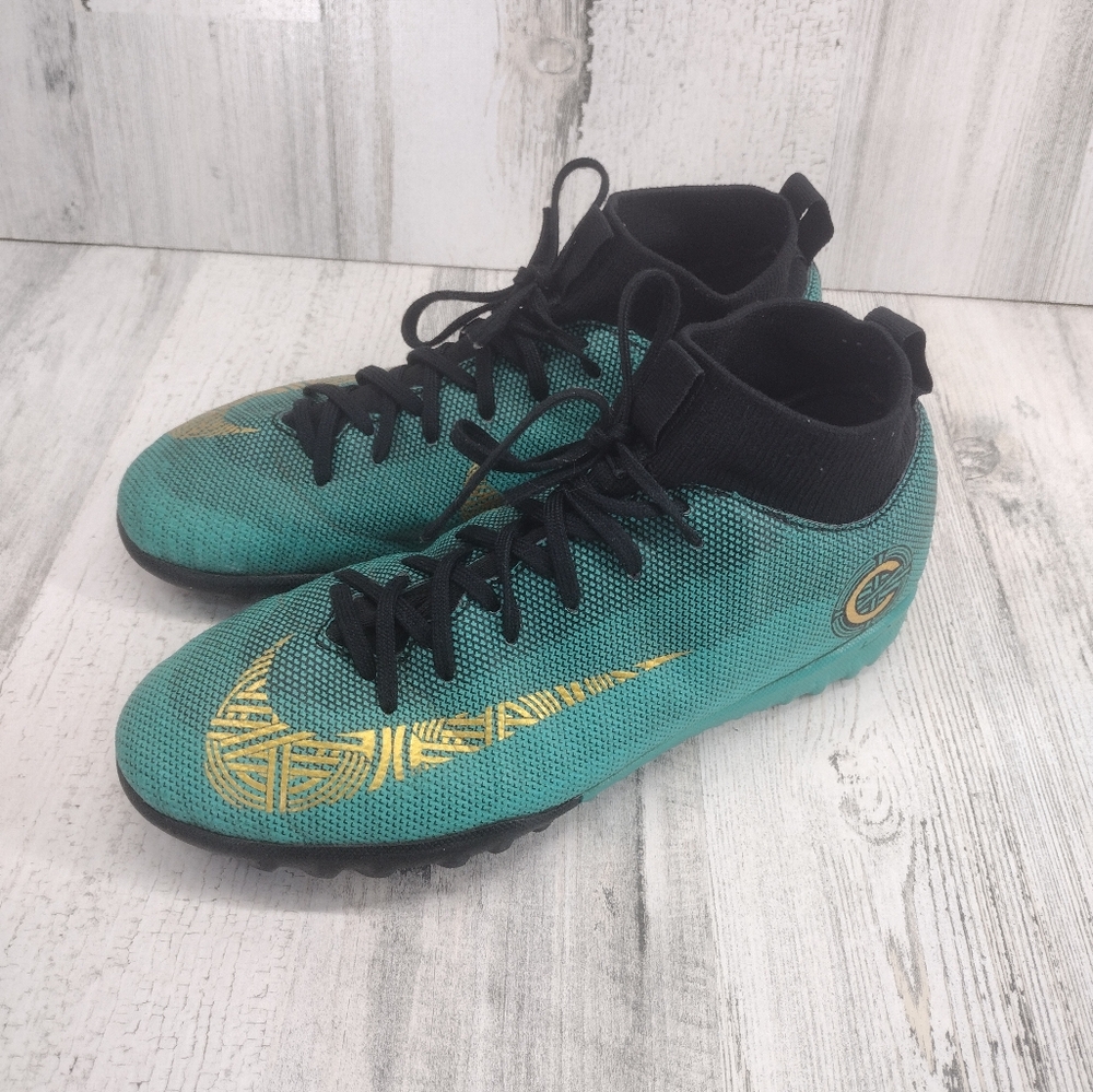 Nike Jr. SuperFly Ronaldo CR7 Jade Gold Soccer Cleats Kids Size 4 Youth